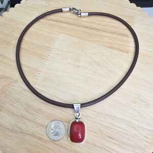 Mexico Red Stone Sterling Silver Pendant With Brown Leather BICO Necklace